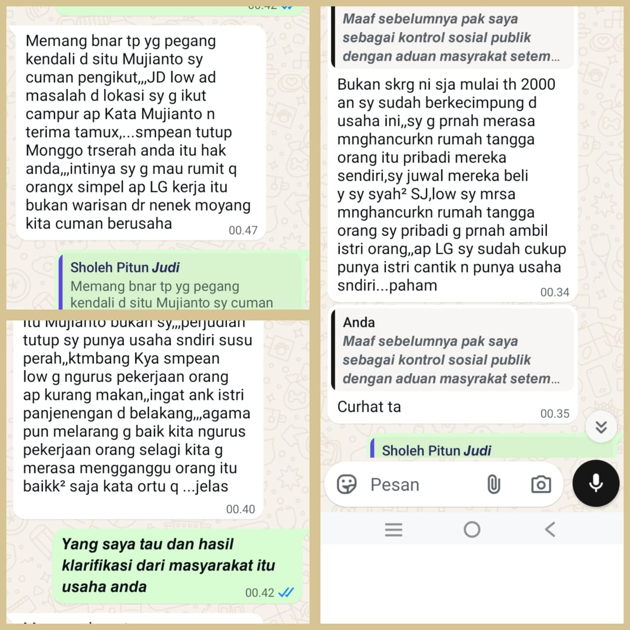 Klarifikasi Berdasarkan Bukti Percakapan: Keterlibatan Aktif Soleh dan Mujianto dalam Usaha Perjudian Ilegal